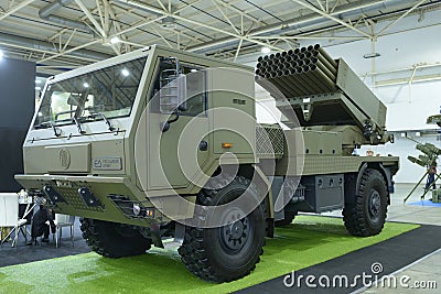 Multiple rocket launcher system Excalibur presented during exhibition, made by Tatra Editorial Stock Photo