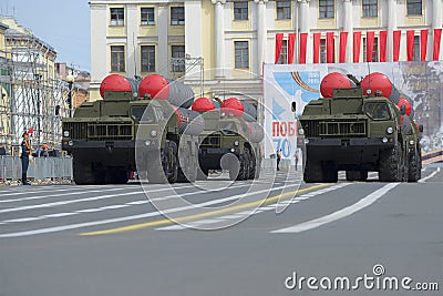 Multiple rocket launchers S-300PM on parade rehearsal in honor of Victory Day in St. Petersburg Editorial Stock Photo