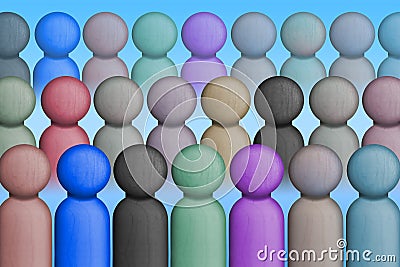 Multiple rows of multi-colored characters standing side-by-side, symbolizing diversity.. Stock Photo