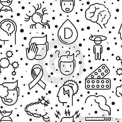 Multiple sclerosis seamless pattern with thin line icons of symptoms and treatments: disorientation, heredity, neuron myelin Vector Illustration