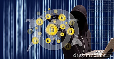 Multiple security padlock icons over world map against male hacker on blue background Stock Photo