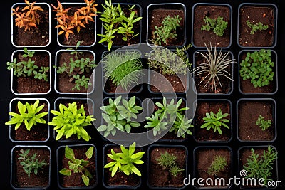 multiple seedlings arranged in a grid, viewed from above Stock Photo