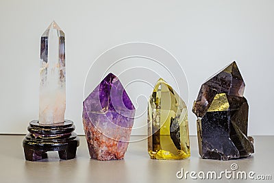 Multiple semi precious gemstones fluorite, quartz, smoky quartz, rose quartz. Stock Photo