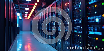 Multiple server racks in clean studio setting, modern, efficient, technology Stock Photo