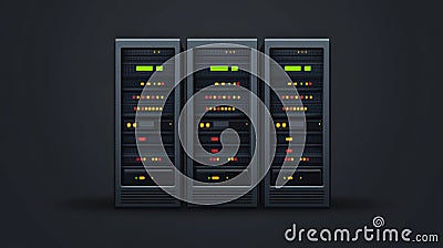Multiple servers display a series of blinking lights, indicating operational status in a dimly lit environment Stock Photo