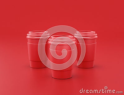 Multiple shiny red plastic coffee cups in a row on red background, flat colors, single color disposable paper cup, 3d rendering Stock Photo
