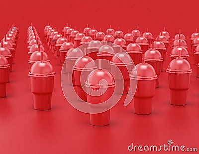 Multiple slurpee cups in a row shiny red plastic slurpy caffee containers in red background, flat colors, single color, 3d Stock Photo