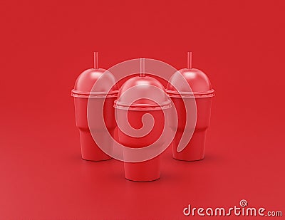 Multiple slurpee cups in a row shiny red plastic slurpy caffee containers in red background, flat colors, single color, 3d Stock Photo