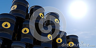 Multiple stacked black metal oil barrels with drop symbols backlit by sun with sky background Cartoon Illustration