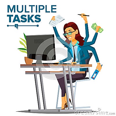 Multiple Tasks Business Woman Vector. Many Hands Simultaneously. Financial Occupation. Talented Worker. Flat Cartoon Vector Illustration