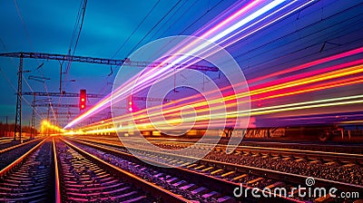 Multiple trains passing by on parallel tracks their light trails intertwined to create a beautiful display of colors Stock Photo