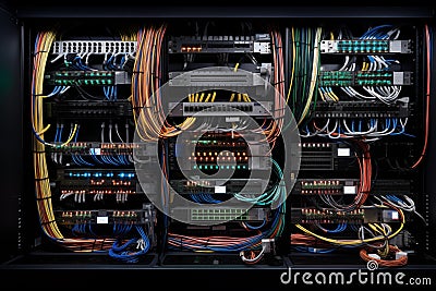 Multiple twisted-pair cables plugged into network switches. Generative AI Stock Photo