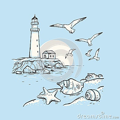 Multiple valuesHand drawn vector sketch with bottle, gulls, sun and lighthouse. Beach with seashells and sea star. Marine Vector Illustration