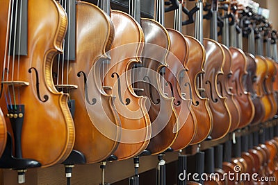 Multiple violins and a viola are hanging neatly on a wall in a row Stock Photo