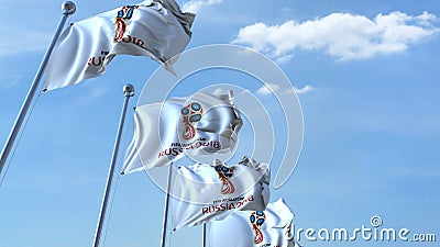 Multiple waving flags with 2018 FIFA World Cup logo. Editorial 3D rendering Editorial Stock Photo