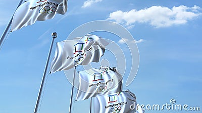 Multiple waving flags with 2018 PyeongChang Winter Olympics logo. Editorial 3D rendering Editorial Stock Photo