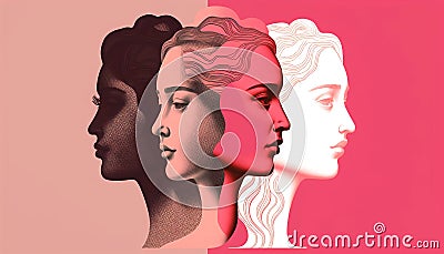 Multiple women faces silhouettes. Graphic illustration on pastel pink background. Portrait of women. Cartoon Illustration