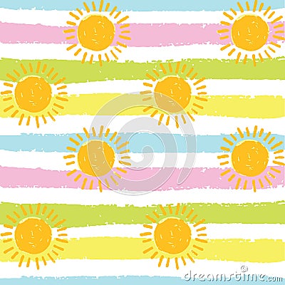 Multiple yellow suns and colourful stripes on white background Stock Photo