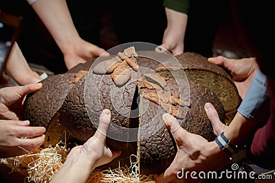 Multiple young hands share brown round bread Stock Photo