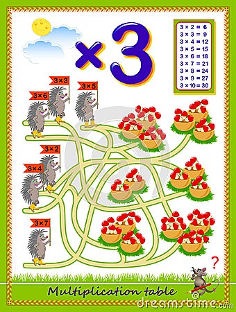 Multiplication table by 3 for kids. Count the quantity of mushrooms, find the way and draw lines till baskets. Educational page. Vector Illustration