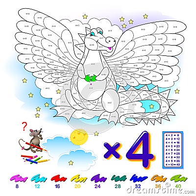 Multiplication table by 4 for kids. Math education. Coloring book. Solve examples and paint the dragon. Logic puzzle game. Vector Illustration