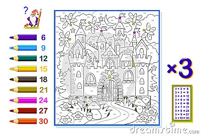 Multiplication table by 3 for kids. Math education. Coloring book. Solve examples and paint the picture. Logic puzzle game. Vector Illustration