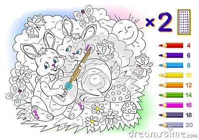 Multiplication table by 2 for kids. Math education. Coloring book. Solve examples and paint the rabbits. Logic puzzle game. Vector Illustration