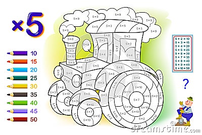 Multiplication table by 5 for kids. Math education. Coloring book. Solve examples and paint the tractor. Logic puzzle game. Vector Illustration