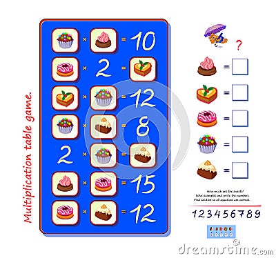 Multiplication table math logic puzzle game. How much are the sweets? Solve examples and write the numbers. Find solution for all Vector Illustration