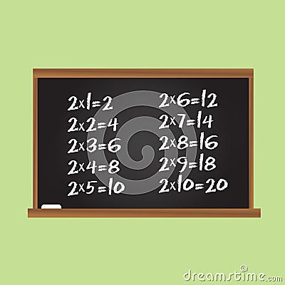 Multiplication table. Number two row on school chalk board. Educational illustration for kids Vector Illustration