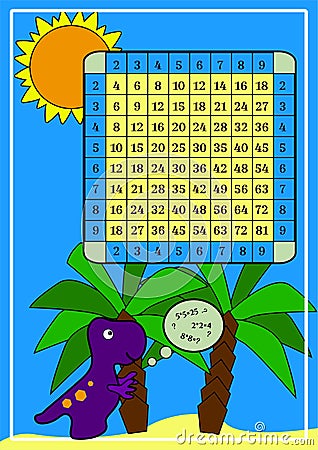 Multiplication table. Square poster with dino for printing educational material of children at school and at home. dinosaurs Vector Illustration