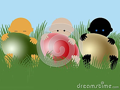 Multiracial babies with easter eggs Stock Photo