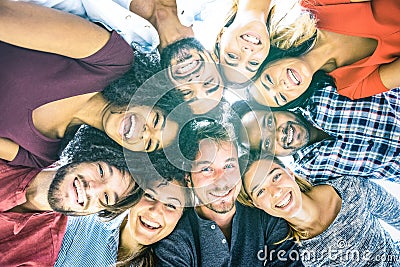 Multiracial best friends millennials taking selfie outdoors Stock Photo