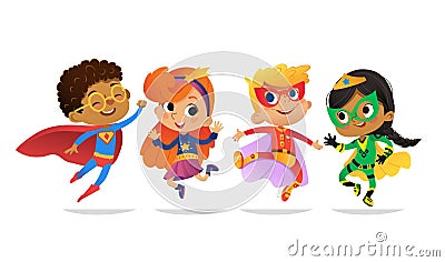 Multiracial Boys and Girls, wearing colorful costumes of superheroes, happy jump. Cartoon vector characters of Kid Vector Illustration