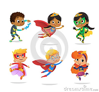 Multiracial Boys and Girls, wearing colorful costumes of various superheroes, isolated on white background. Cartoon Vector Illustration