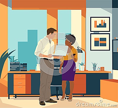 Multiracial Business couple work in modern office. Vector Illustration