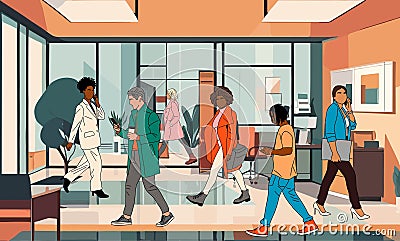 Multiracial business people walking in office hall Vector Illustration