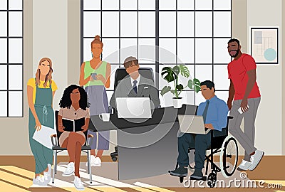 Multiracial business team in modern office vector. Vector Illustration