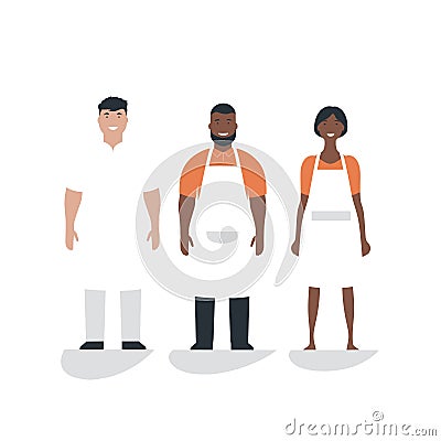 Multiracial chefs standing smiling, with a Caucasian, African, and African-American chefs in professional attire Vector Illustration