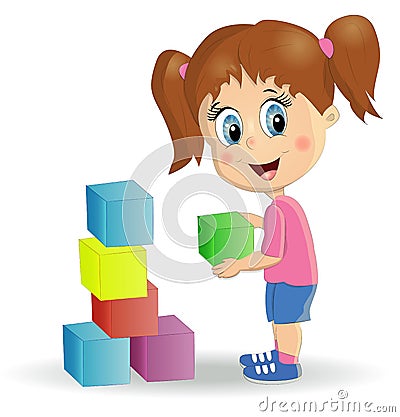 Multiracial children build tower with blocks. Kids play using kit with bright colored cubes. Vector Illustration