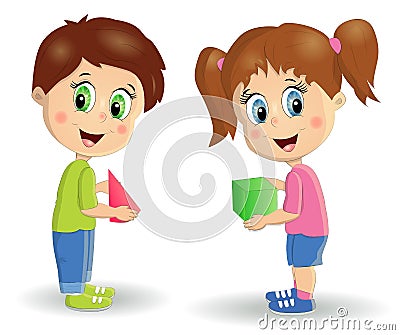 Multiracial children build tower with blocks. Kids play using kit with bright colored cubes Stock Photo