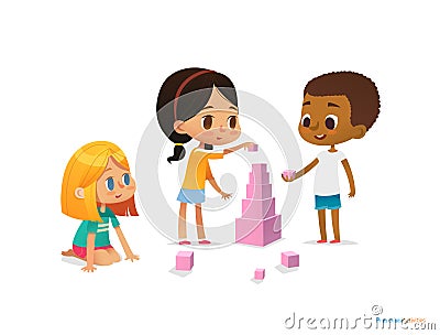 Multiracial children build tower with pink blocks. Kids play using kit Vector Illustration
