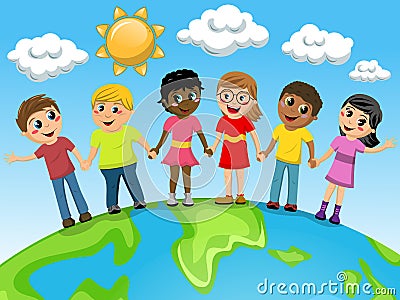 Multiracial Children kids hand hand earth Vector Illustration