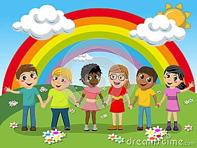 Multiracial Children kids hand in hand meadow rainbow Vector Illustration