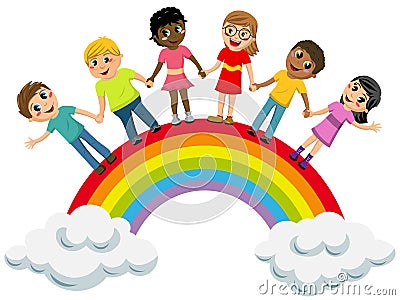 Multiracial Children kids hand in hand standing rainbow isolated Vector Illustration