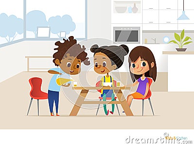 Multiracial children preparing lunch by themselves and eating. Two girls sitting at table and boy pouring orange juice into glass. Vector Illustration