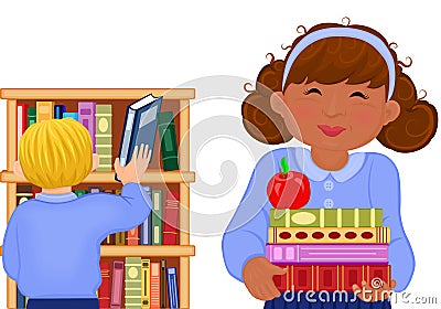 Multiracial children at the school library Vector Illustration