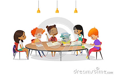 Multiracial children sitting around round table with pile of books on it and listening to girl reading aloud. School Vector Illustration