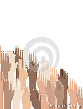 Multiracial Colorful Peoples` Hands Raised. illustration of Human Rights Day background. Vector Illustration