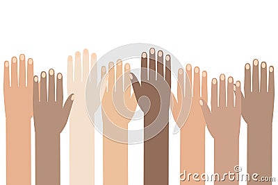 Multiracial Colorful Peoples` Hands Raised. Illustration of Human Rights Day background. Vector Illustration
